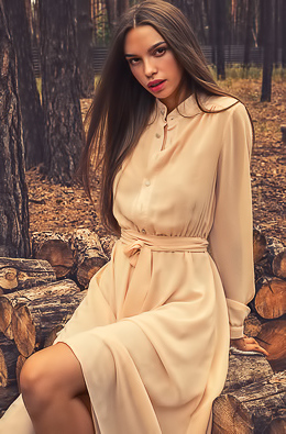 Alina stripping long dress in the woods