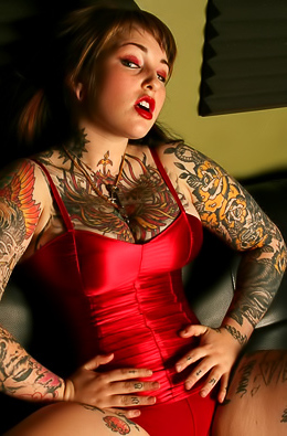 Inked Adahlia in Red Satin Lingerie