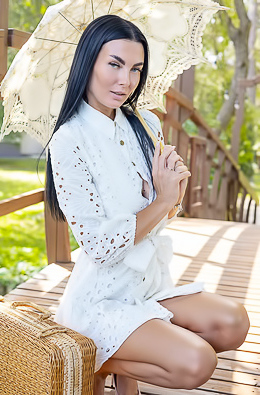 Simon Raven-haired Beauty Pops Open The Buttons To Expose Her Gorgeous Big Breasts