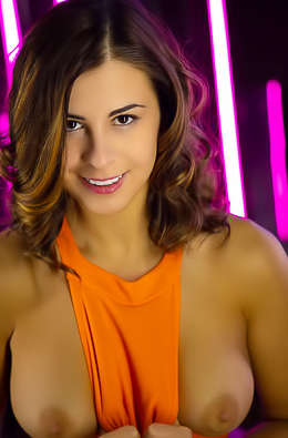 Alice Kelly Voluptuous Beauty Tugs At Her Vibrant Orange Bodysuit