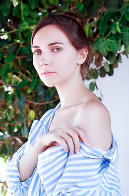 Danniela Unbuttoning Her Striped Shirt To Reveal Her Perfect Breasts